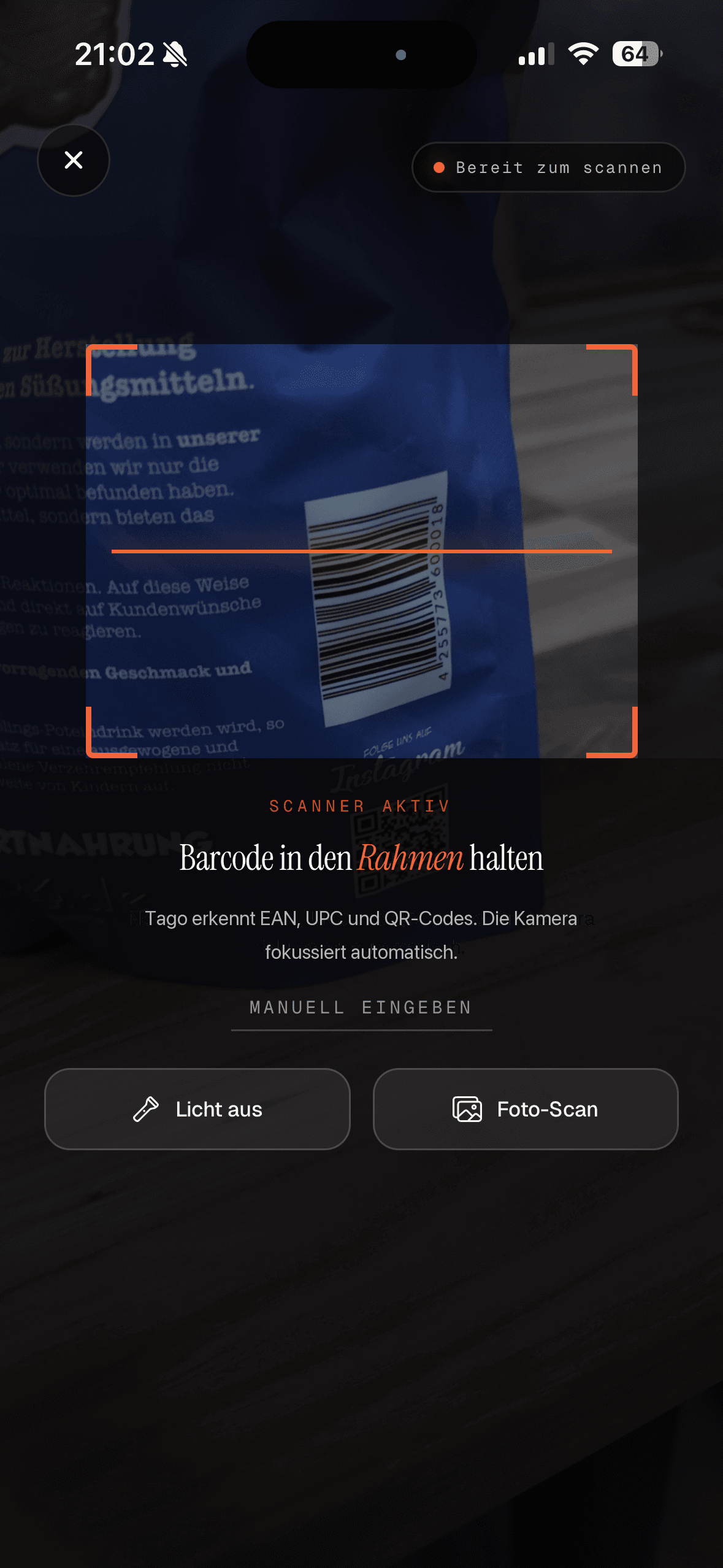 Tago Barcode-Scanner mit Live-Erkennung
