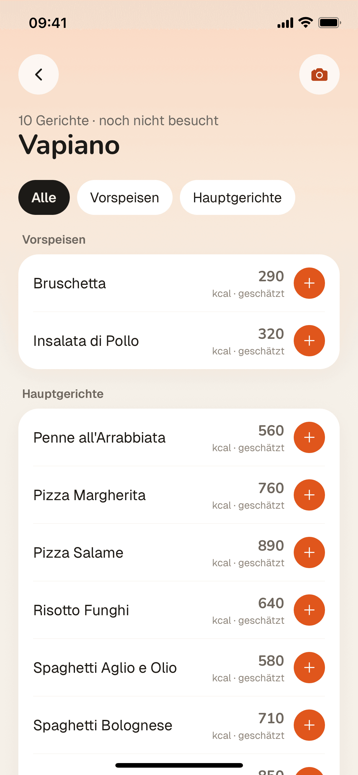 Menu del ristorante in Tago con le kcal di ogni piatto